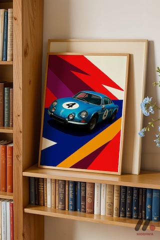 Mavi Ralli Arabası Pop Art, Ahşap Çerçeveli Duvar Tablosu - Oto Severlere Özel Hediye