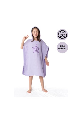Zuppers 4 Katlı Nakışlı Müslin Panço - Lila Standart