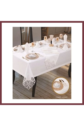 Storeşahin Taç Keten Krem-krem 12 Kişilik 26 Parça 160 220 Cm Şık Premium Sofra Takımı Shn0720 Krem - Krem