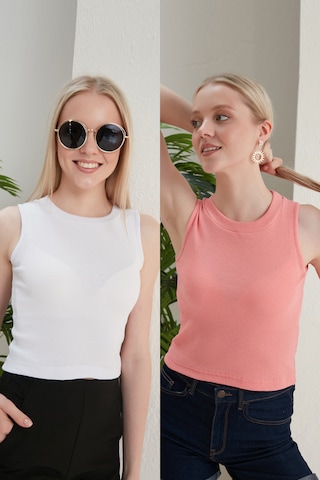 Catspy Kadın Halter Yaka 2'li Crop Bluz Atlet Beyaz - Pudra