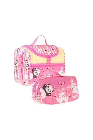 Kaukko Kids Kız Çocuk Hello Baskılı Sarı - Pembe Thermo Beslenme Çantası Ve Kalemlik Seti - Setkk-l5309