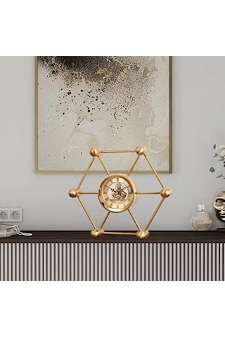 Altıgen Moleküler Tasarım Iskelet Mekanizmalı Gold Metal Masa Saati - Çarklı Lüks Ofis Çalışma Masası Aksesuarı Dekoratif Obje