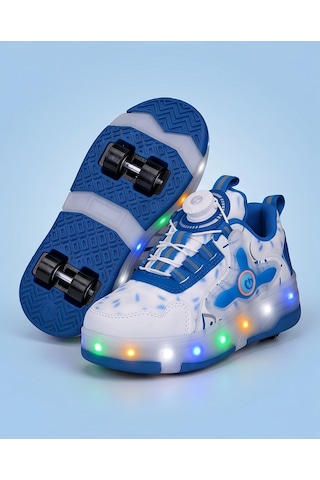 2256-n-drops Led Işıklı Çift Tekerlekli Akıllı Bağcıklı Unisex Çocuk Patenli Ayakkabı Beyaz - Mavi