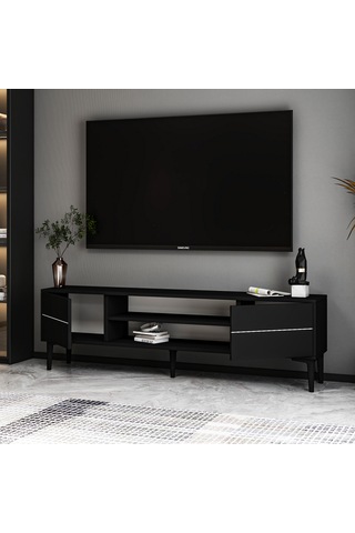 Aragon Modern Tv Sehpası 180 Cm, 2 Kapaklı + 2 Açık Raflı, Siyah & Beyaz Renk Seçenekli Tv Ünitesi - Siyah Siyah