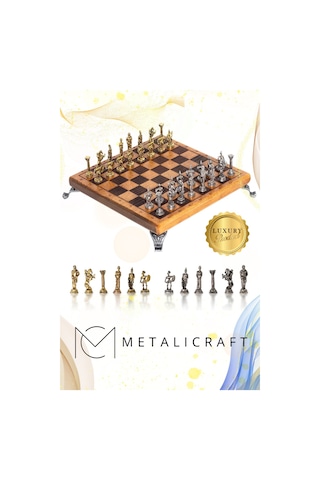 Mc102 Satranç Takımı 25x25cm - Bizans Figürlü Metal Taşlar Gerçek Ağaç Tahta El Yapımı Hediyel
