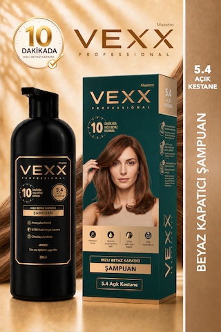 Vexx Professional Beyaz Kapatıcı Pratik Boya Şampuan Açık Kestane 5.4 Amonyaksız Formül 300 Ml.