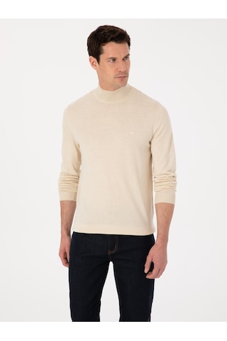 Cacharel Bej Slim Fit Pamuk Karışımlı Yarım Balıkçı Yaka Triko Kazak