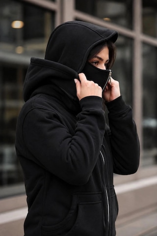 Novalisse Kadın Maskeli Ninja Model Çift Kapüşonlu 3 İplik Şardonlu Fermuarlı Oversize Sweatshirt - Siyah Çoklu Renk