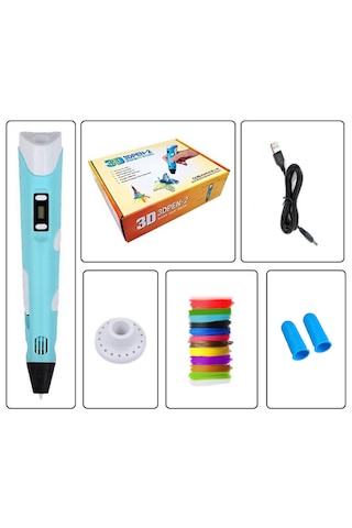 Mavi 3D Kalem 3D Pen Yazıcı Kalem – 20 Adet 5 Metrelik PLA Filament (Toplam 100M) + USB Kablo