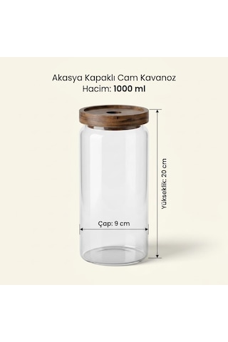 Lexroo Akasya Kapaklı Yuvarlak Borosilikat Cam Kavanoz 1000 Ml, 9 20 Cm, Orta Delikli Ahşap Kapak Çok Renkli