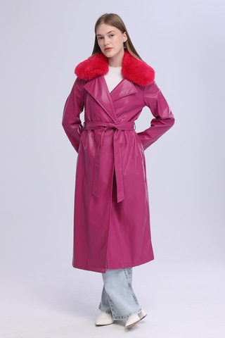 Selectmoda Kadın Peluş Yaka Deri Görünümlü Uzun Kaban Pembe