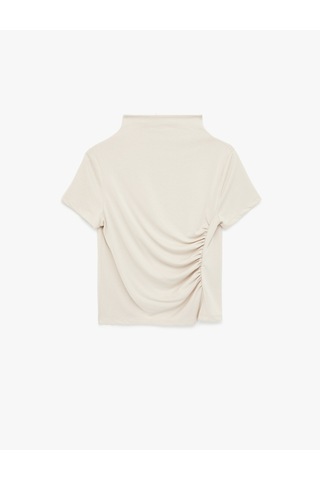 Koton Modal Karışımlı Slim Fit Drape Detaylı Dik Yaka Kısa Kollu Tişört Ekru 6sak70014ek