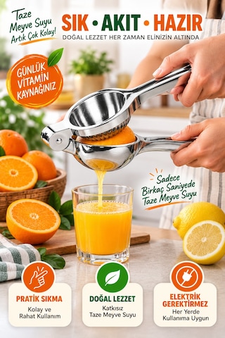 Büyük Boy Döküm Metal Narenciye Sıkacağı Portakal Limon Manuel Meyve Suyu Presi 23 Cm Çelik Renk Tip Gümüş