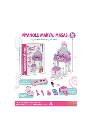 40 Parça Piyanolu Ve Işıklı Çocuk Makyaj Masası Tabureli Saç Kurutma Makineli Prenses Makyaj Seti