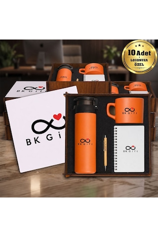 Logonuza Özel 10 Adet Ahşap Kutulu Turuncu Kurumsal Hediye Seti Cam Suluk, Seramik Fincan, Defter Ve Kalemli Promosyon Seti