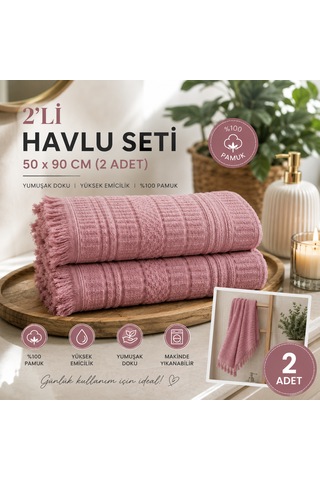 2'li Yüz Havlusu Seti 50x90 Cm Pamuklu El Havlusu Püsküllü Yumuşak Dokulu Yüksek Emici Günlük Kullanım Gülkurusu
