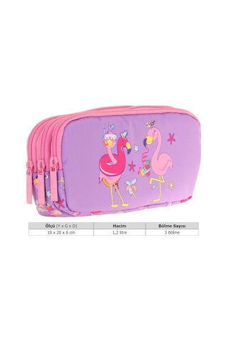 Kaukko Kids Pembe Mor, Flamingolar, Kız Çocuk Üç Gözlü Okul Kalem Çantası - L8240 Pembe - Kırmızı