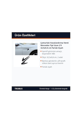 Trobus Çamurluk Havalandırma Venti Mercedes Tipi Uzun 2'li 32,5x9,8 Cm Parlak Siyah