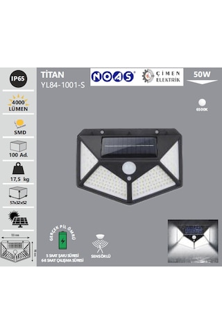 Noas Yl84 1001 S Titan 50w Siyah Sensörlü Solar Aplik Beyaz Işık 6500k Siyah