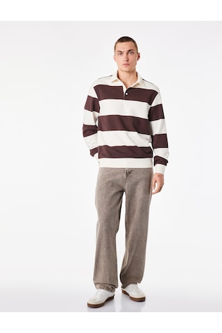Koton Uzun Kollu Rahat Kalıp Çizgili Düğmeli Polo Yaka Sweatshirt Bordo Çizgili 7wam70058mk