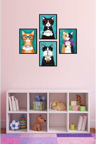 Dekorize Mdf 4 Parça Çerçeve Görünümlü Kediler Tablo Seti Çerçeve Görünümlü 30 X 21 8692016028721