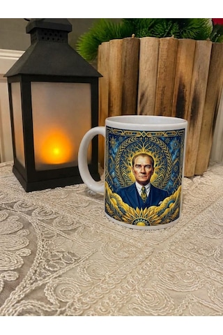 Kişiye Özel Sarı Lacivert Renk Tasarımlı Atatürk Görsel Temalı Kupa Bardak 2 Sarı - Lacivert