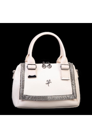 Nas 1455 Kadın Taşlı El Ve Omuz Çantası Krem Siyah