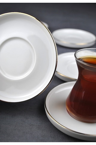 6 Kişilik Porselen Çay Tabağı Gold Yaldızlı 6 Adet Sade Modern Çay Tabak -çizgili