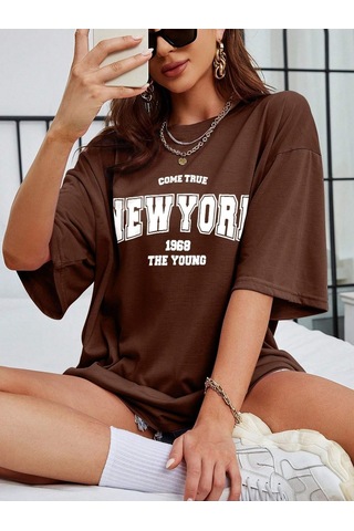 True New York T-shirt - Kahverengi Baskılı Oversize Bisiklet Yaka Kısa Kol Tişört Kahverengi