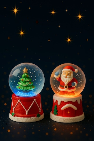 Yeni Yılın En Güzel Hediyesi Yılbaşı 2 Adet Led Işıklı 6,5 Cm Noel Baba Yılbaşı Çam Ağacı Kar Küresi Dekoratif Obje