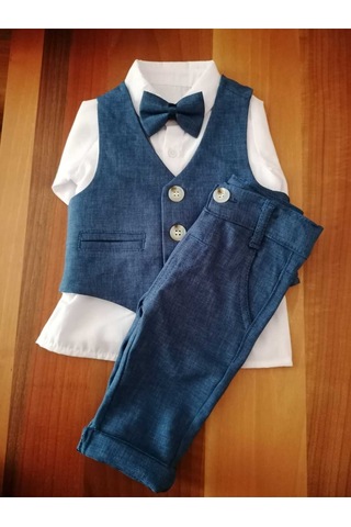 Concept Kids Papyonlu Yelekli Bej 4'lü Klasik Erkek Bebek Takım Özel Gün Kıyafeti Düğün Bebek Hediyesi Lacivert