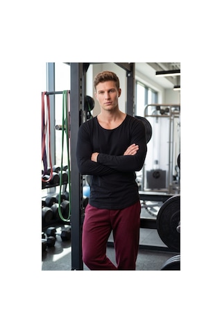 Deepsea Erkek Siyah %95 Pamuk Slim Fit Kesik Açık Yaka Likralı Penye Sweatshirt Oval Kesim 2602299