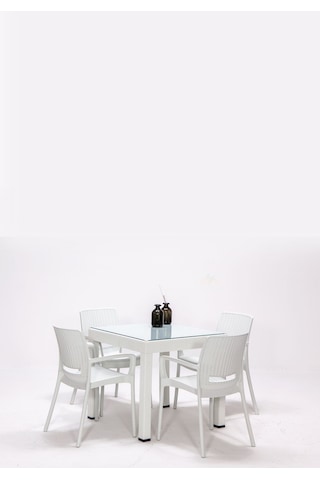 Rattan Small Lüx Camlı Beyaz Masa Takımı Bahçe&balkon 1 Camlı Masa + 4 Sandalye Beyaz