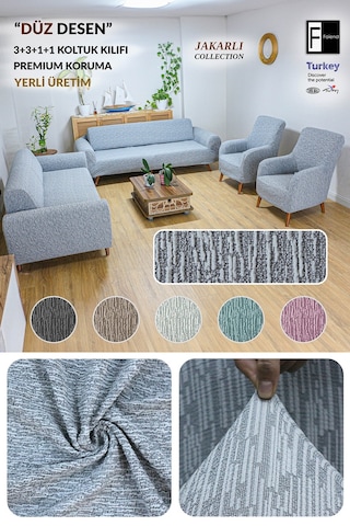 Jakarlı Düz Desen 3 3 1 1 Gri Lastikli Kanepe Örtüsü Lastikli Koltuk Örtüsü Koltuk Kılıfı Takımı Gri