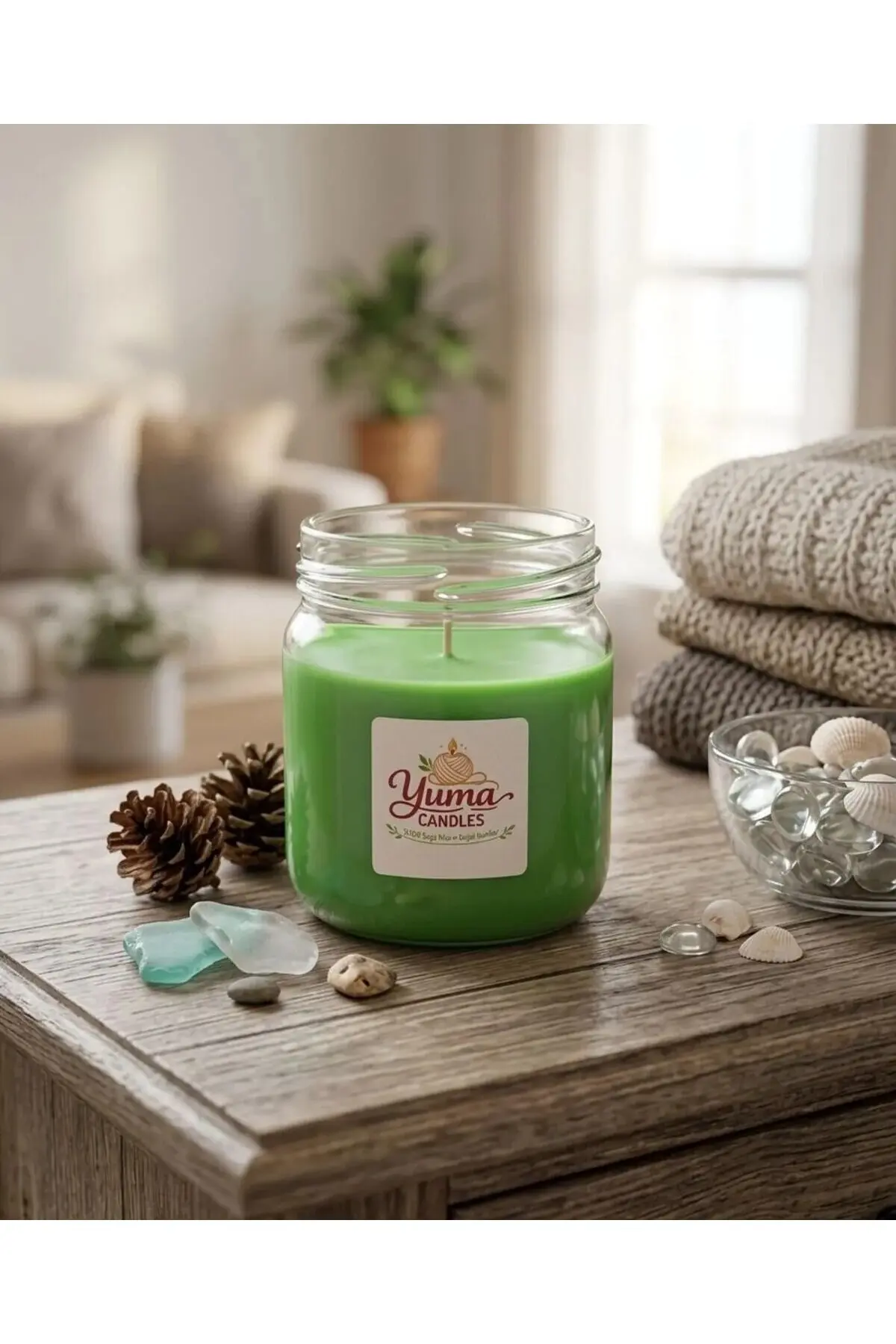 Çam Ve Okyanus Kokulu Doğal %100 Soya Wax 200cc Kapaklı Cam Kavanoz Mum Yeşil