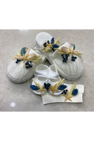 Lohusa Terlik Taç Anne Bebek  Takımı Petrol Mavi Kuru Çicek  Taç