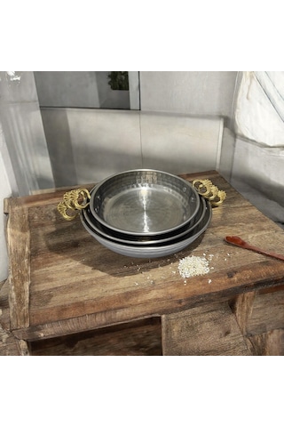 3 Lü Krom Sahan Tavası, Sarı Kulplu 18, 20, 22 Cm