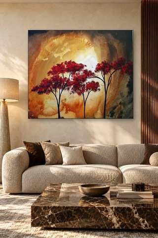 Fida Altın Işıkta Kırmızı Yapraklı Ağaçlar Canvas Tablo Çok Renkli
