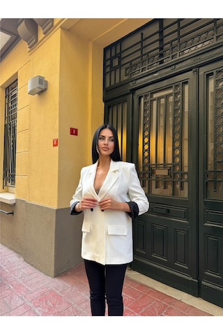 Beyaz Polyester Keten Düğmeli Ceket Beyaz