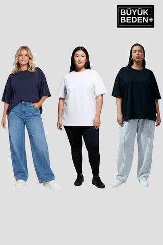 Superlife Büyük Beden Kadın Basic 3xl-6xl Bisiklet Yaka 3'lü Tişört Seti Spr26btsk510+3 Whıte-navy-black