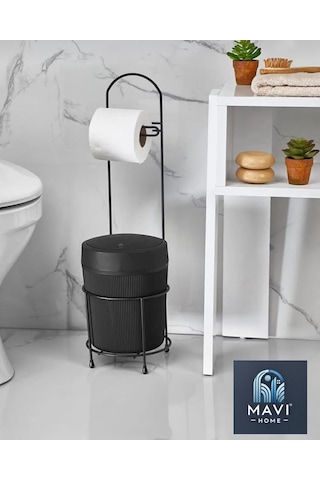 Kovalı Tuvalet Kağıtlığı, Çöp Kovalı Tuvalet Kağıdı Askısı, Banyo Çöp Kovası, Tuvalet Kağıtlık Siyah