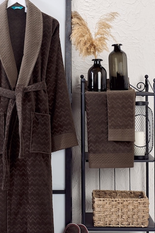 Ansaaj Kadife Jakarlı 4 Parça Bornoz Takımı Kahve