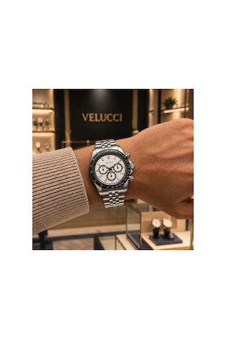 Velucci Birten Çelik Kordon Erkek Kol Saati Beyaz Kadran Tachymeter Sport Analog Gümüş