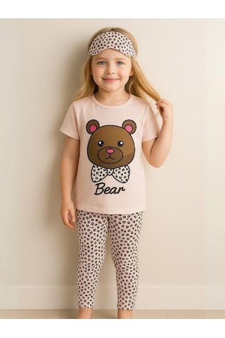 Kız Çocuk Pamuklu Kısa Kol Ayıcık Desenli Pijama Takımı Uyku Bandı Dahil -16055 Pembe