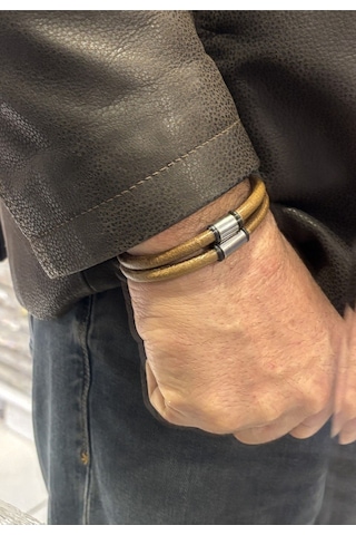 Çelik Aparatlı Mıknatıs Kilitli Deri Bileklik Taba