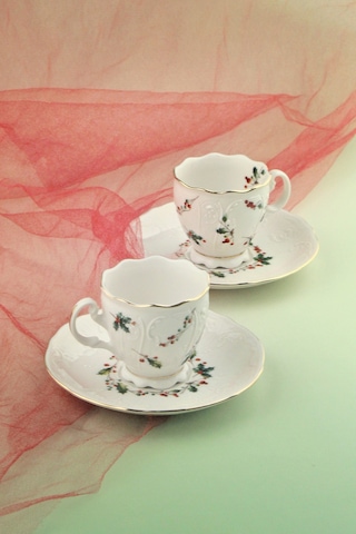 Christmas Altın Yaldızlı 2 Kişilik Porselen Kahve Fincan Takımı Beyaz - Altın