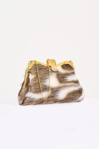 Keyifli Moda Kadın Kahverengi Desenli Suni Kürk Zincirli El Ve Omuz Clutch Portföy Çanta - Kahverengi