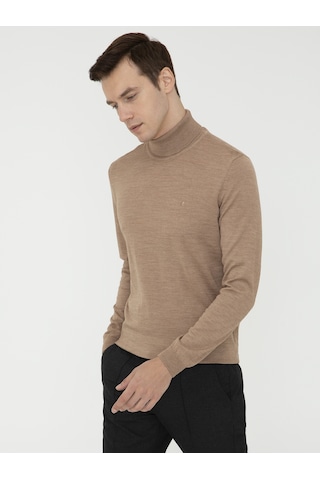 Cacharel Camel Slim Fit Balıkçı Yaka Basic Triko Kazak Kahverengi