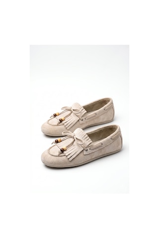 Giamgia Store Püsküllü Boncuk Detaylı Krem Süet Makosen Loafer Ayakkabı-2366
