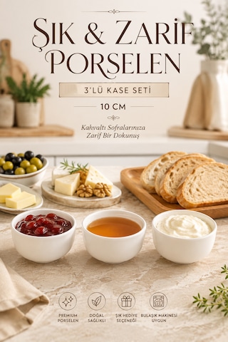 Porsima Snap 3'lü Porselen Çerezlik Ve Kahvaltılık Kase Seti 10 Cm Beyaz Sosluk & İkramlık Kase Cam